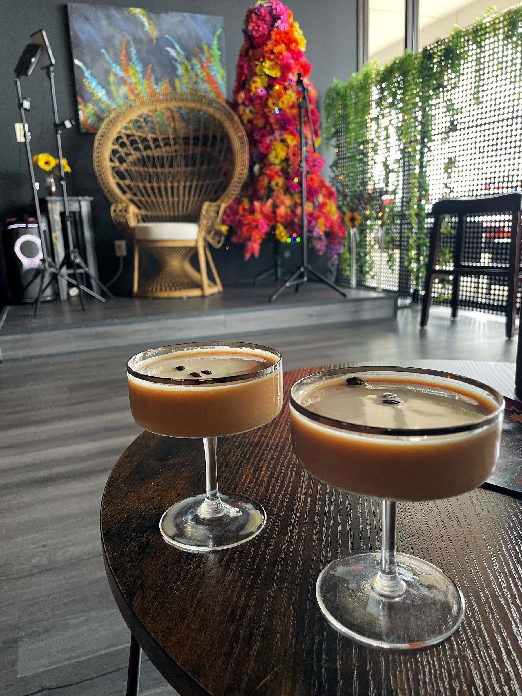 Two espresso cocktails on a table near the stage